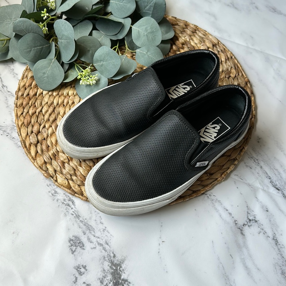 Vans Black perforated leather slip ons- size 8